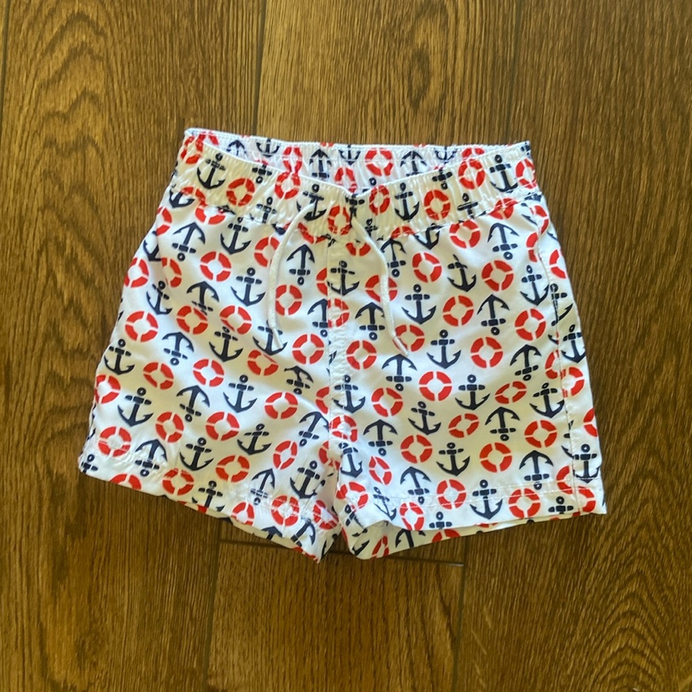 Janie and Jack White Swim Trunks with Navy Anchors and Red Lifebuoys